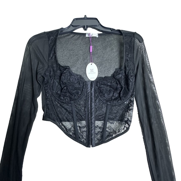 Womens Black Lace Bustier Corset Top Mesh Sheer Gothic Clubwear Long Sleeve Med - Picture 1 of 10